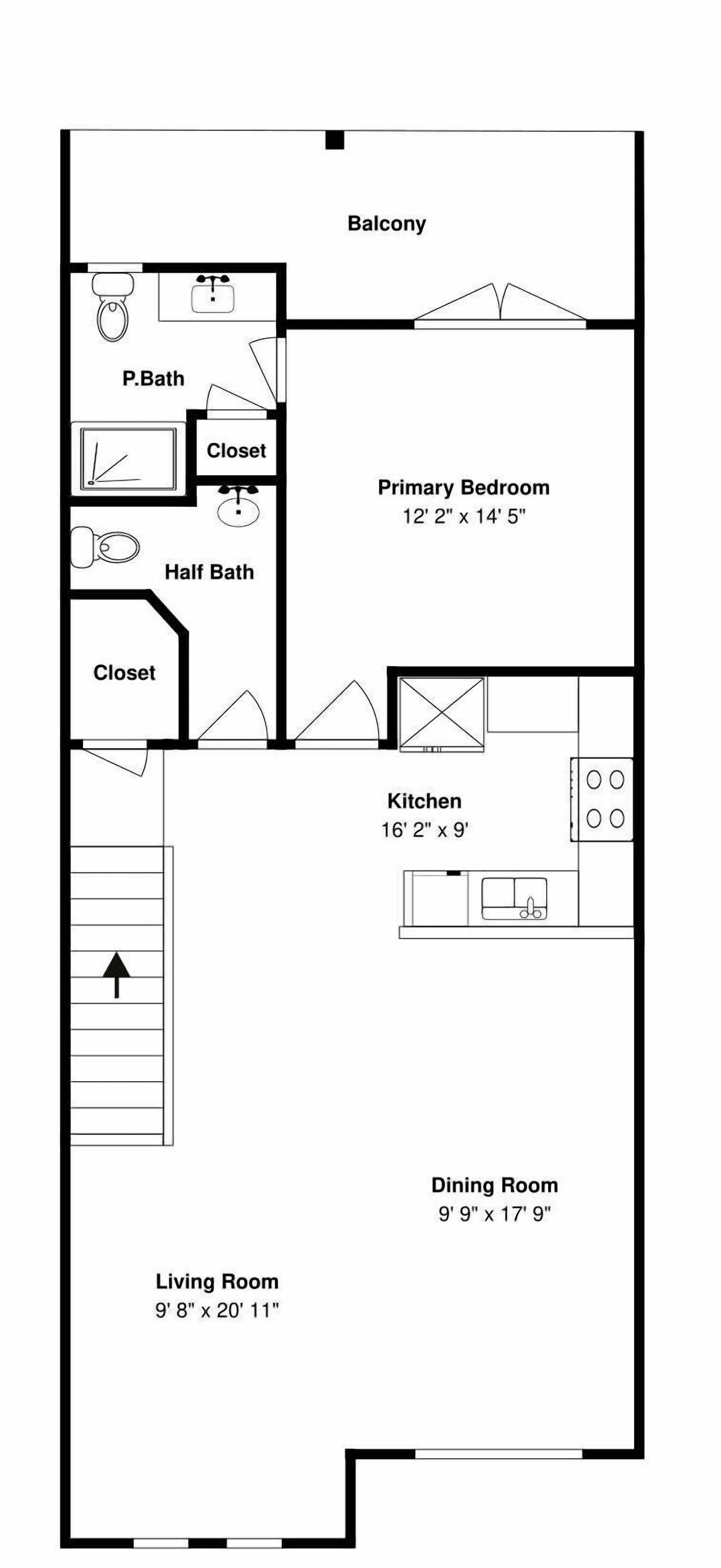 A floor plan with a primary bedroom, balcony, kitchen, dining room, living room, and two bathrooms.