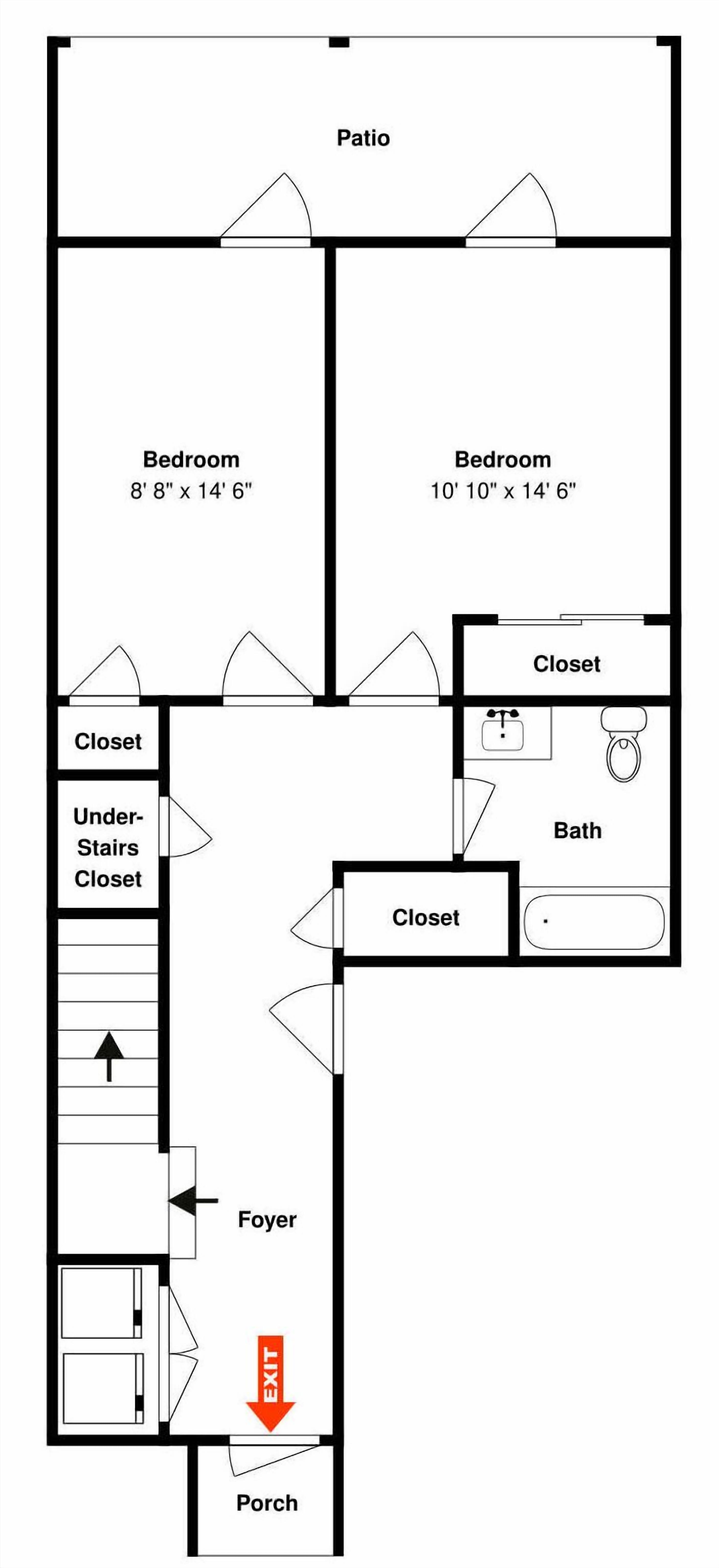 A floor plan with two bedrooms, a patio, a foyer, an under-stairs closet, a bath, and an exit.