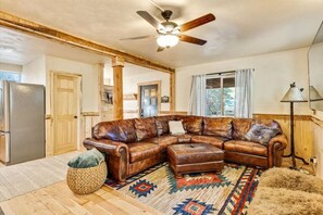 TV, fireplace - Rustic Retreat by River | Hot Tub | 2 Cabins (Island Park)