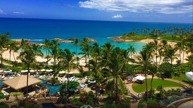 A resort with a pool area, palm trees, and a beach.