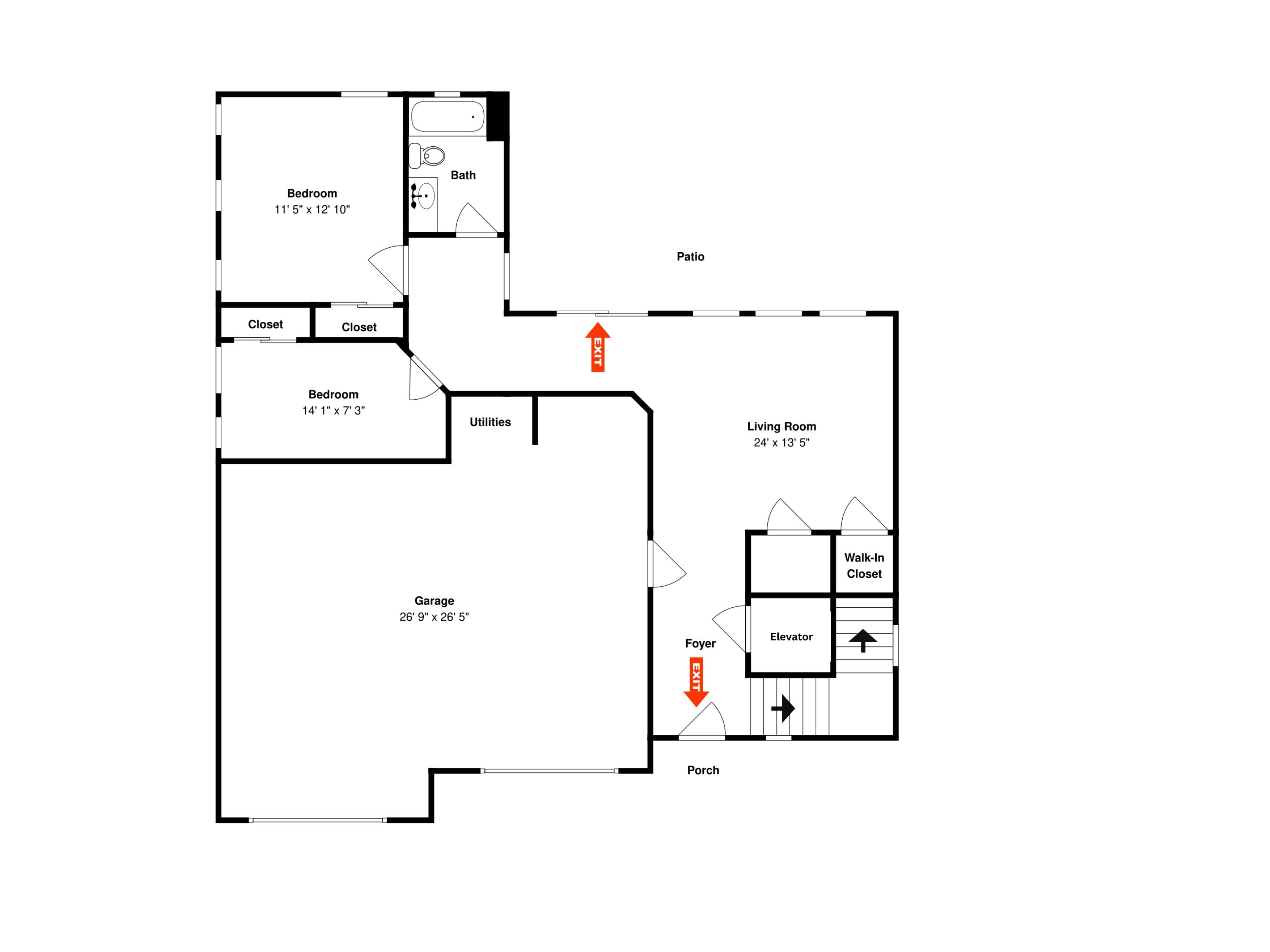 A floor plan of a house with two bedrooms, a bathroom, a patio, a living room, a garage, and a porch.