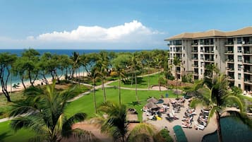 A resort with a pool, beach, and palm trees.