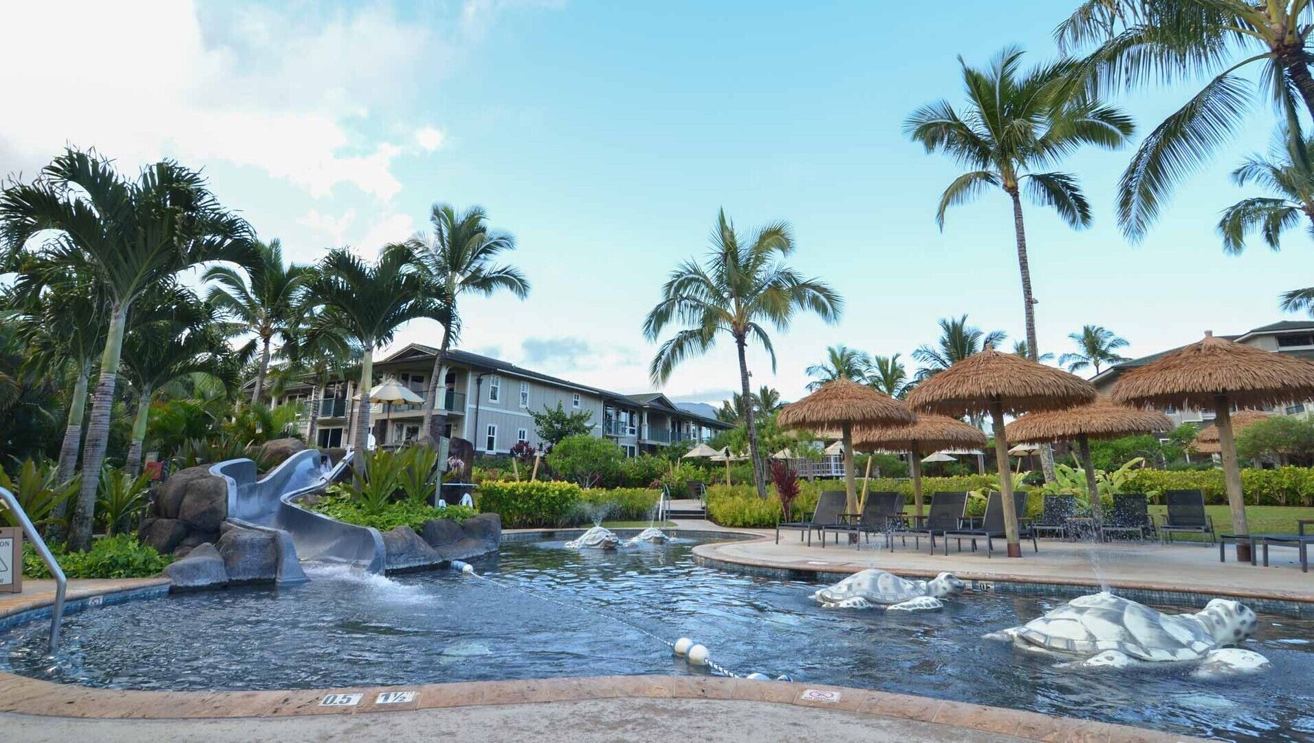 A resort pool with a water feature, palm trees, and thatched umbrellas.