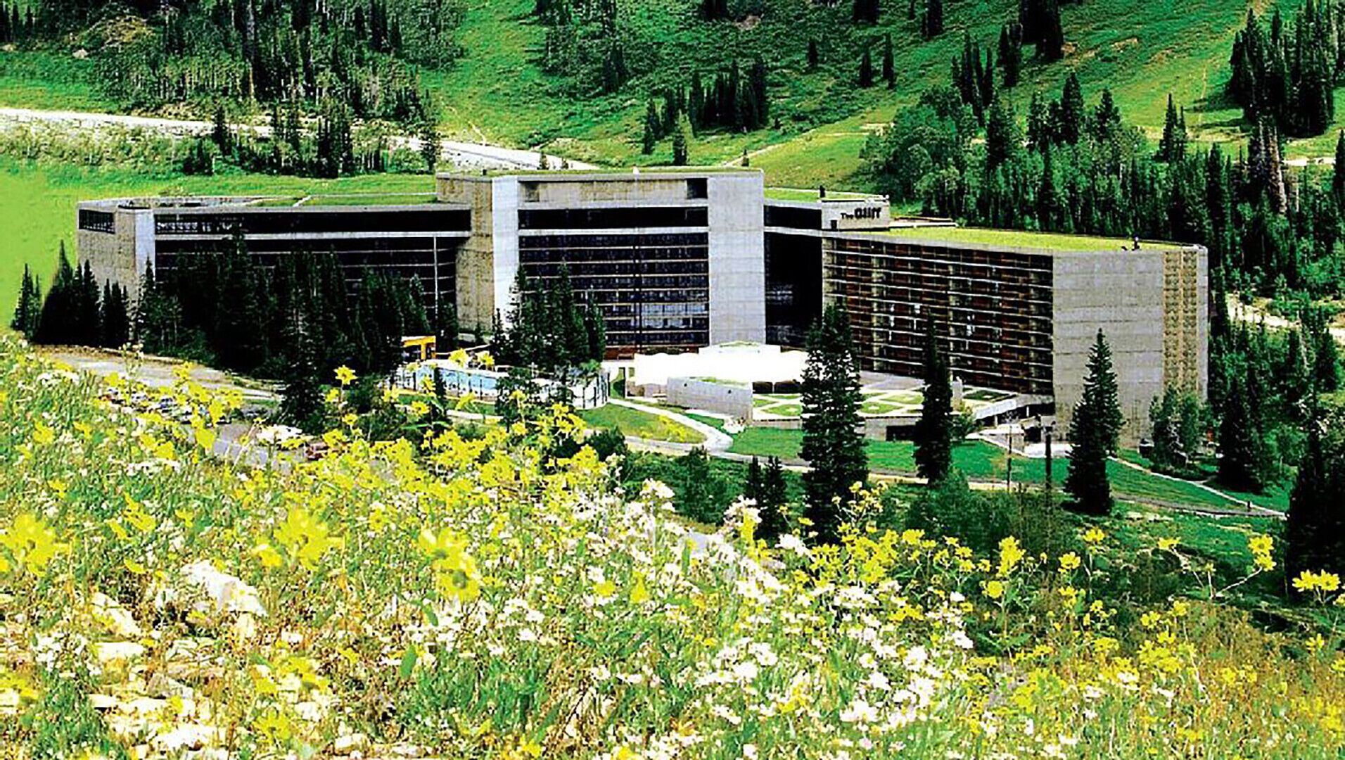 Un bâtiment moderne doté d’un toit plat et de grandes fenêtres, entouré de verdure et situé au pied d’une colline.