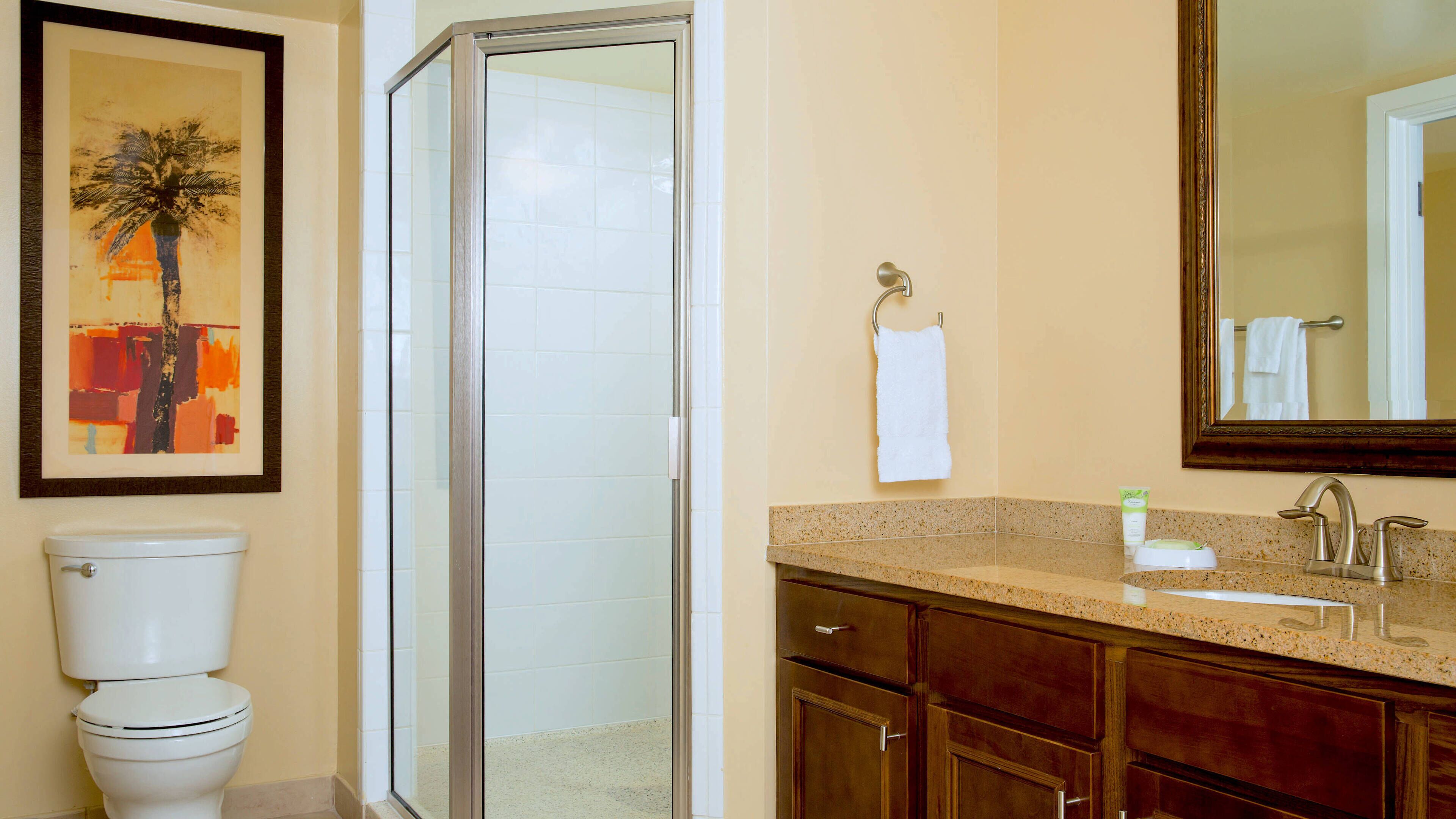 Un baño con inodoro, cabina de ducha de vidrio, lavabo con espejo y un cuadro en la pared.