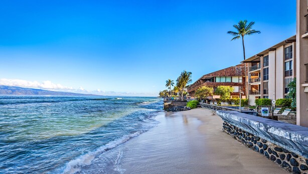 A beachfront hotel with a stone wall, palm trees, and ocean views. - Oceanfront Maui Escape with Private Lanai, Pool & Stunning Views (Lahaina)