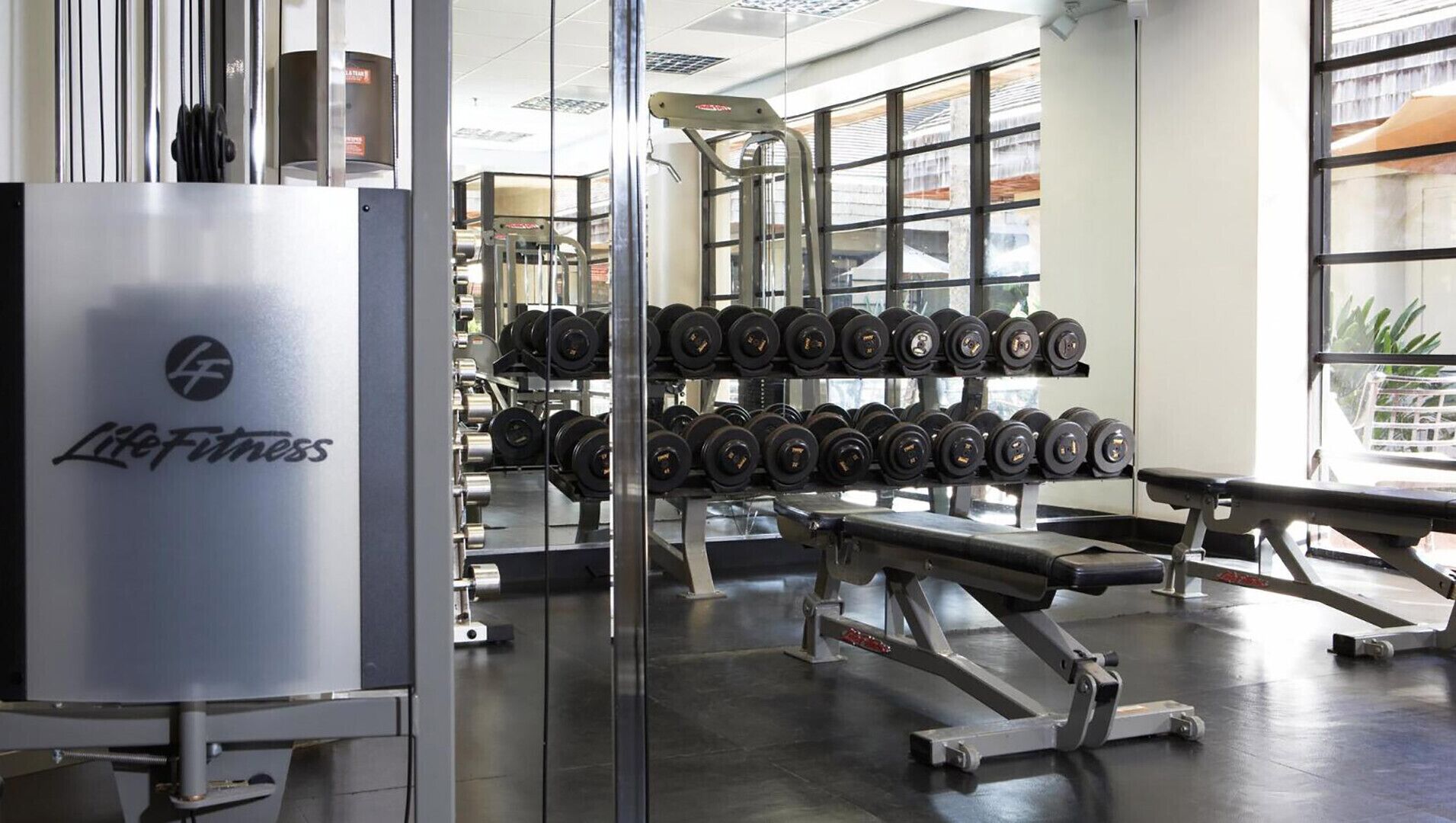Uma academia com equipamentos de musculação, incluindo halteres e bancos.