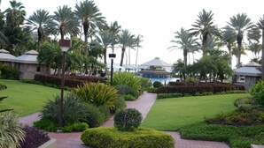 Un jardín bien cuidado con palmeras, un sendero y una zona de piscina.
