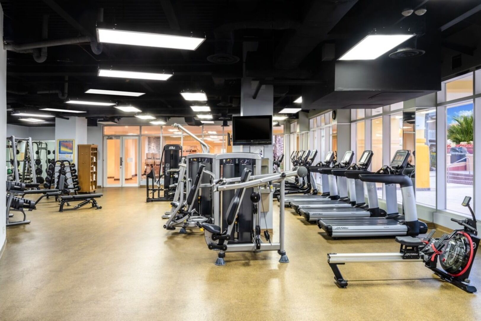 A gym with treadmills, weight machines, and a large mirror.