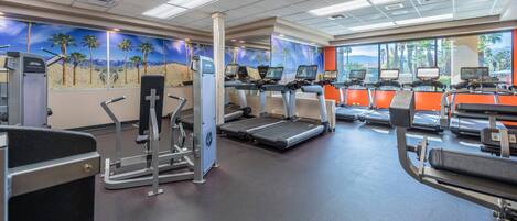 A gym with treadmills, ellipticals, and weight machines.