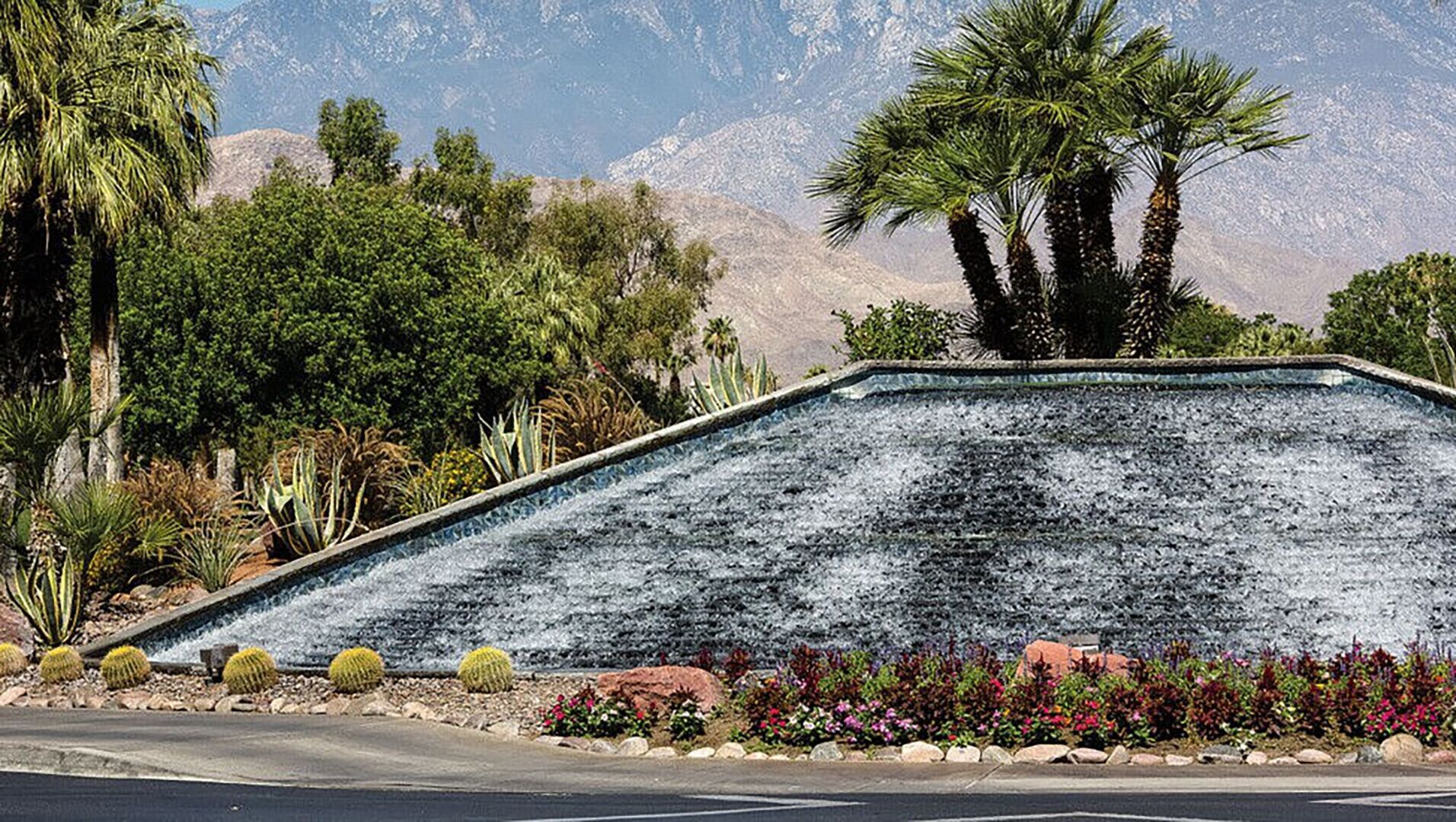 A landscaped area with a water feature, various plants, and a mountainous backdrop.