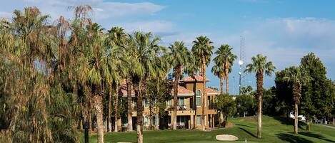A golf course with a clubhouse, palm trees, and a clear sky.