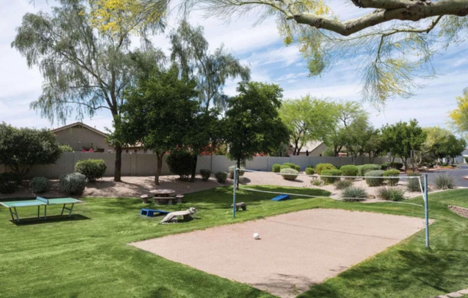 Un jardin avec une table de ping-pong, un petit espace de jeux et un filet de volley-ball.