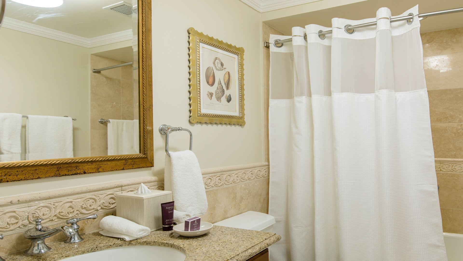 Un bagno con lavandino, specchio, portasciuga e tenda doccia.