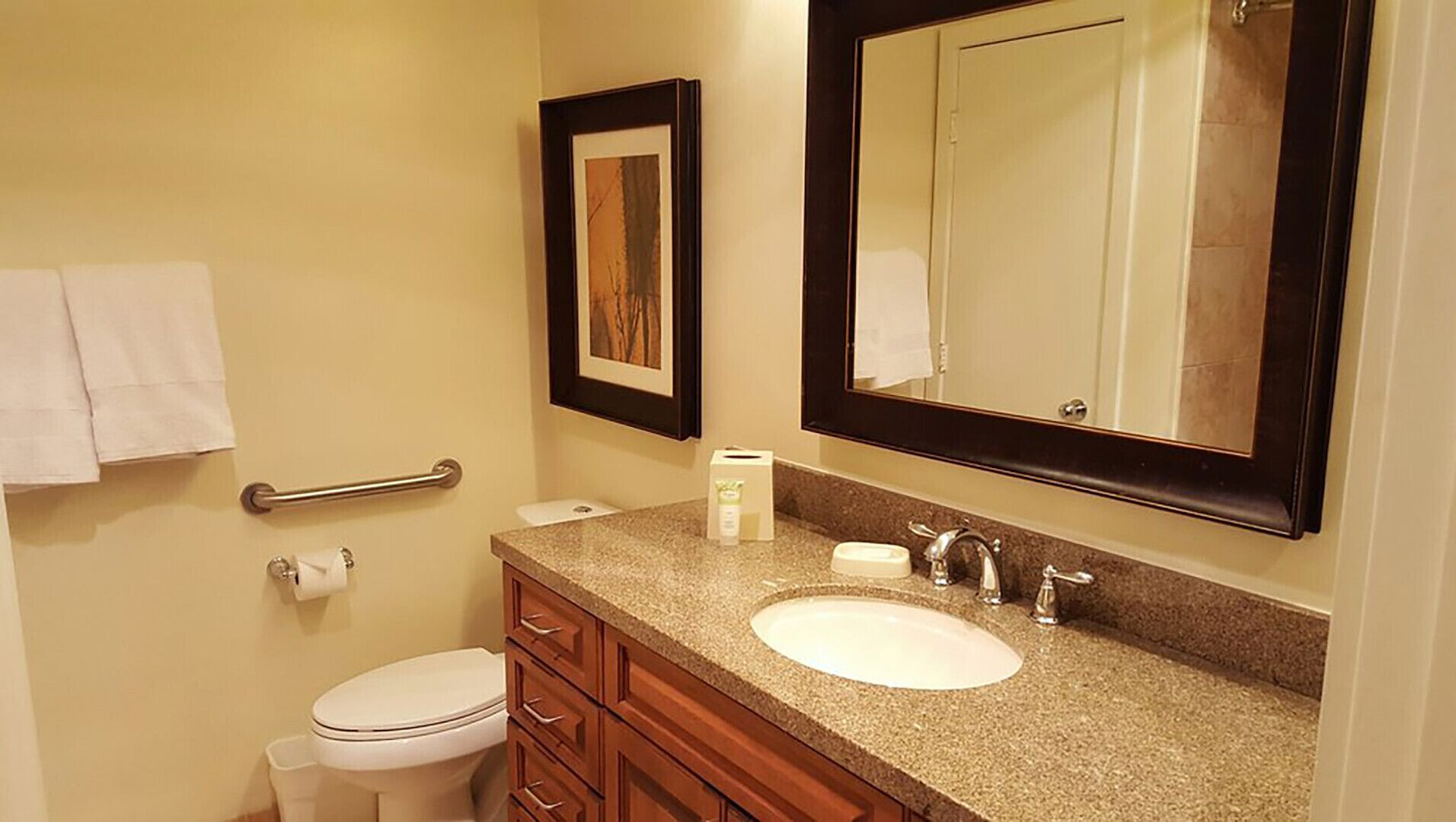 A bathroom with a white sink, a mirror, a toilet, and a handrail.