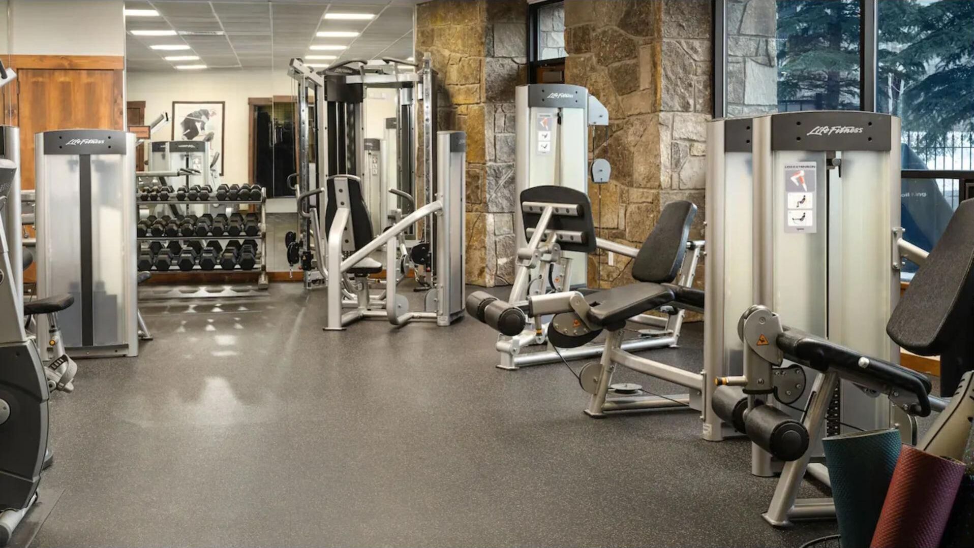 Un gimnasio con diverso equipo de ejercicio, como mancuernas, máquinas de pesas y bancos.