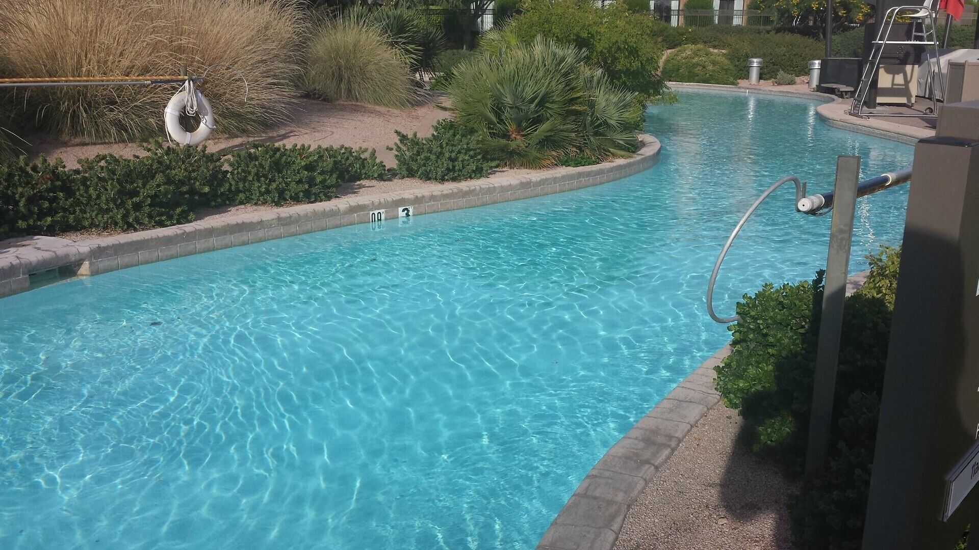 Una piscina blava i transparent amb una cadira de socorrista i un bou salvavides a l'esquerra, envoltada de vegetació i un passeig pavimentat.