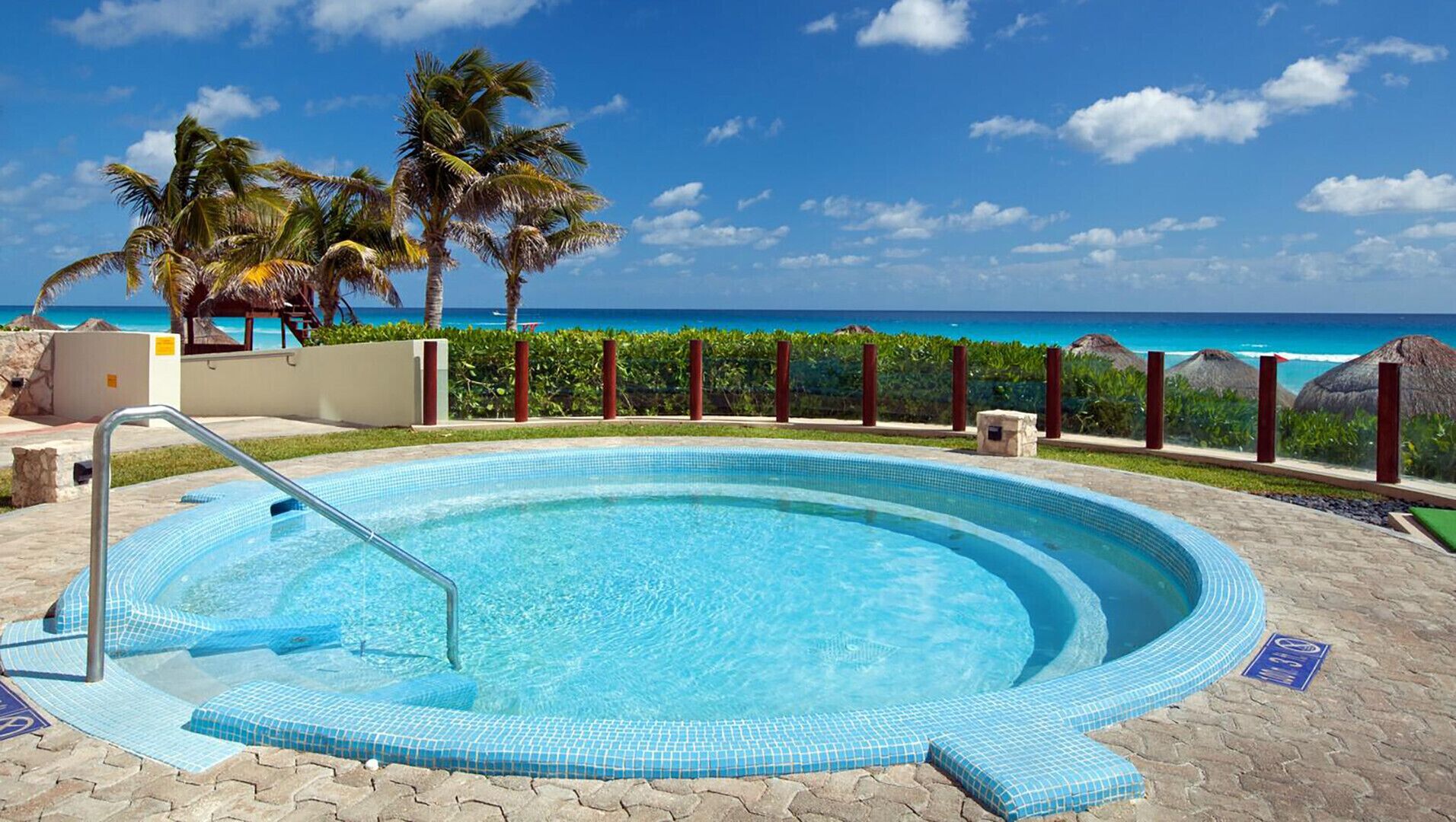 A swimming pool with a view of the ocean and palm trees.