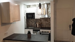 A compact kitchen with a microwave, stove, and sink. There is a potted plant on the counter and a hanging light fixture. - Modern 1 Bed Seafront Apt Los Boliches (Fuengirola)