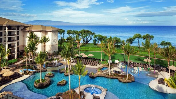 A resort with a large pool area, palm trees, and a view of the ocean.