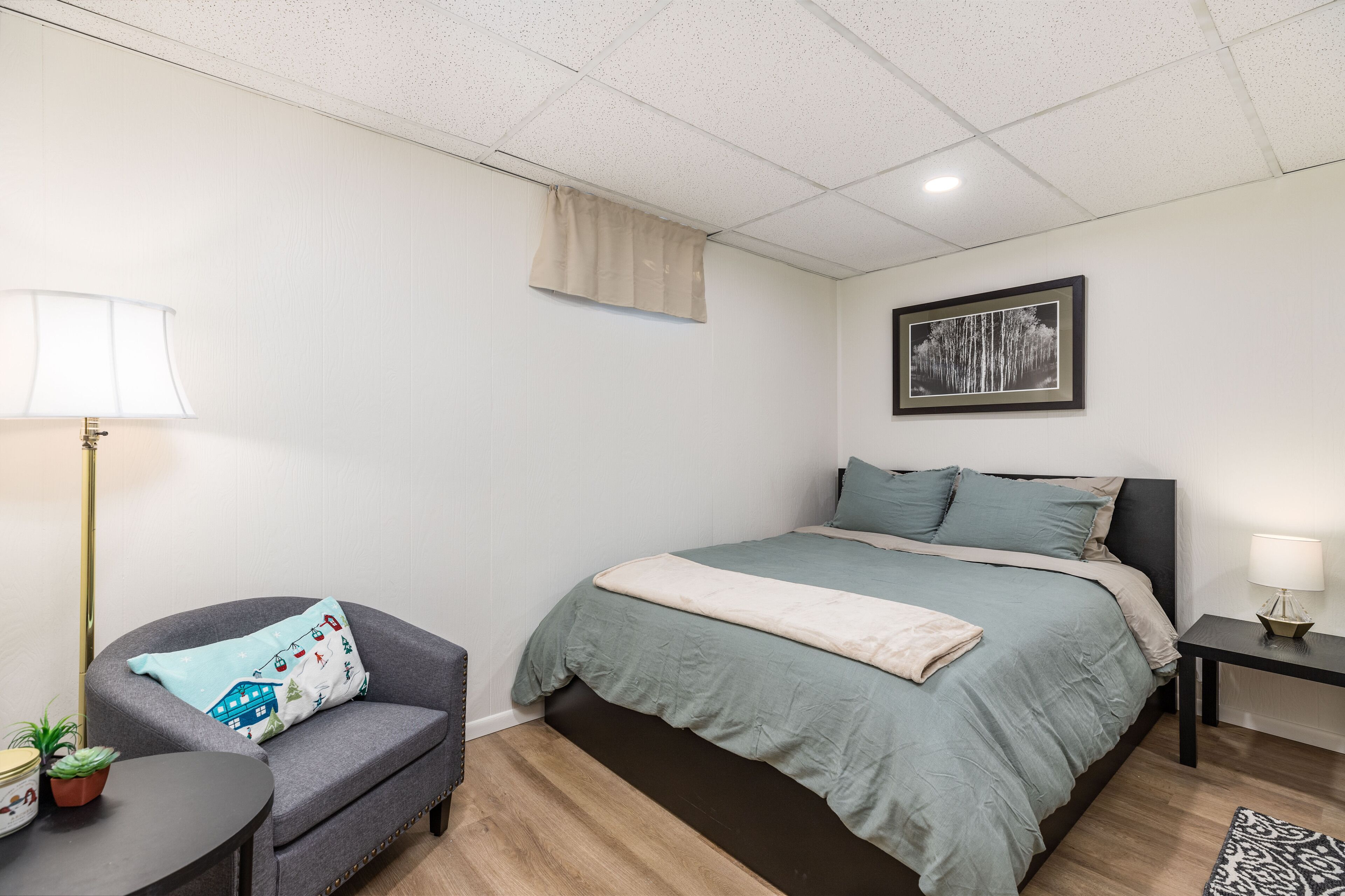 A bedroom with a bed, a chair, a nightstand, a lamp, and a small plant.