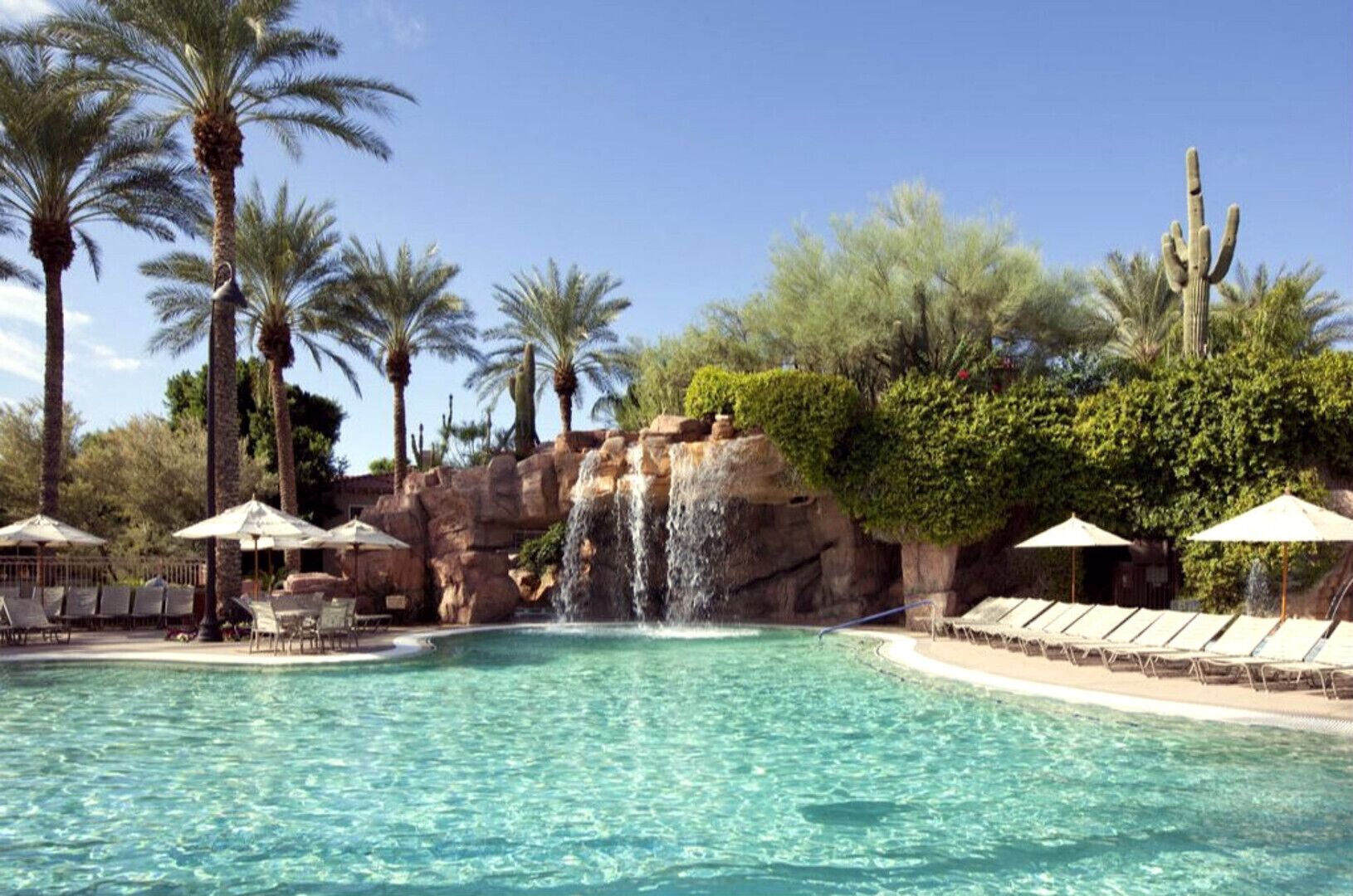 Ein Pool mit Wasserfall, umgeben von Palmen und Kakteen.