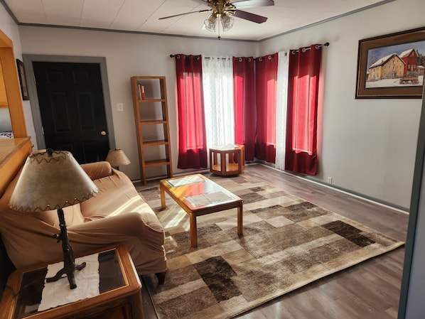 A living room with a sofa, coffee table, and a wooden ladder.