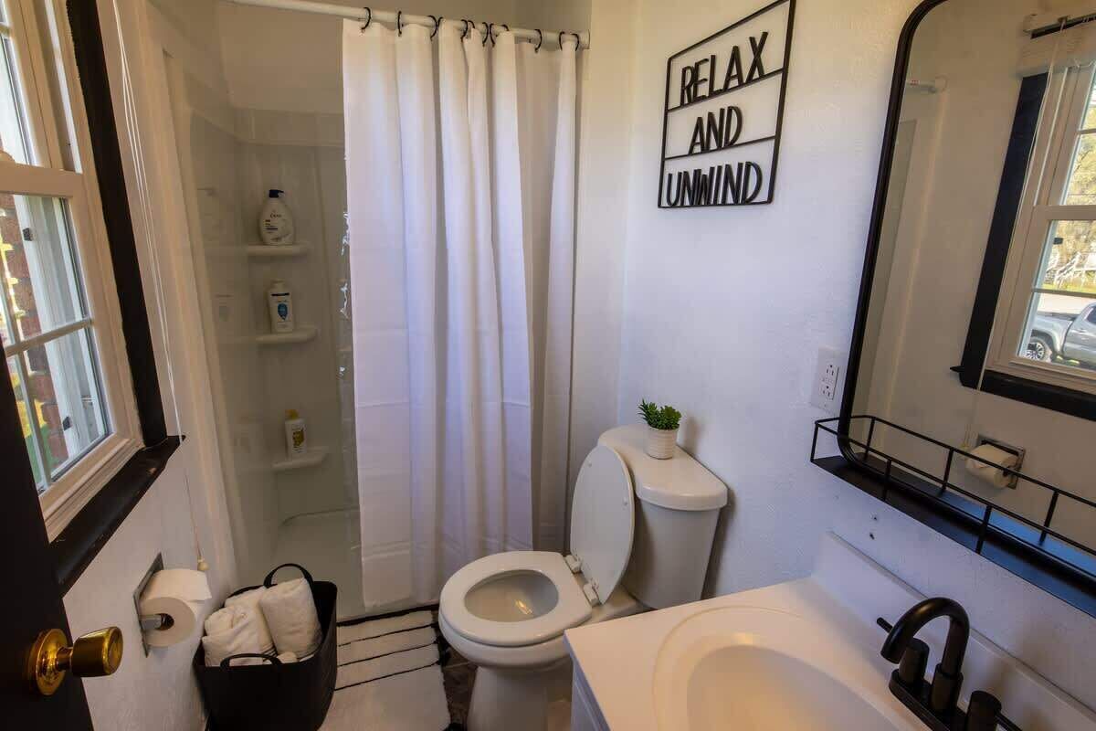 Combined shower/tub, hair dryer, towels, soap
