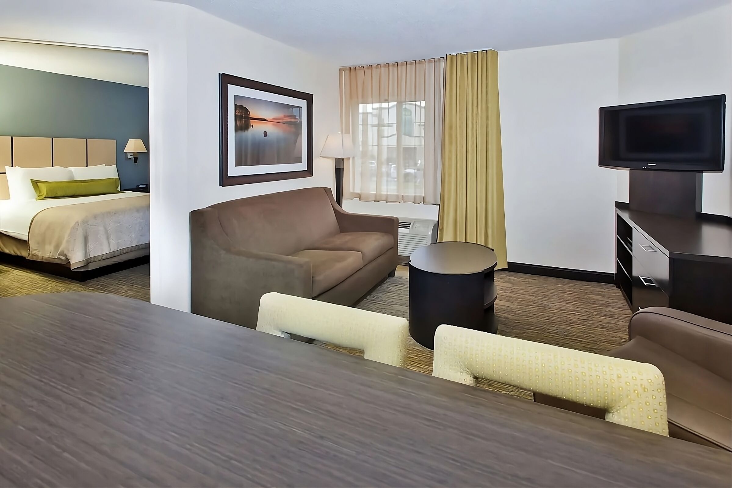 Stretch out in the bright sitting area for movie nights.