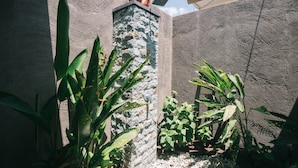 A narrow outdoor space with a stone wall, a solar panel, and various plants.