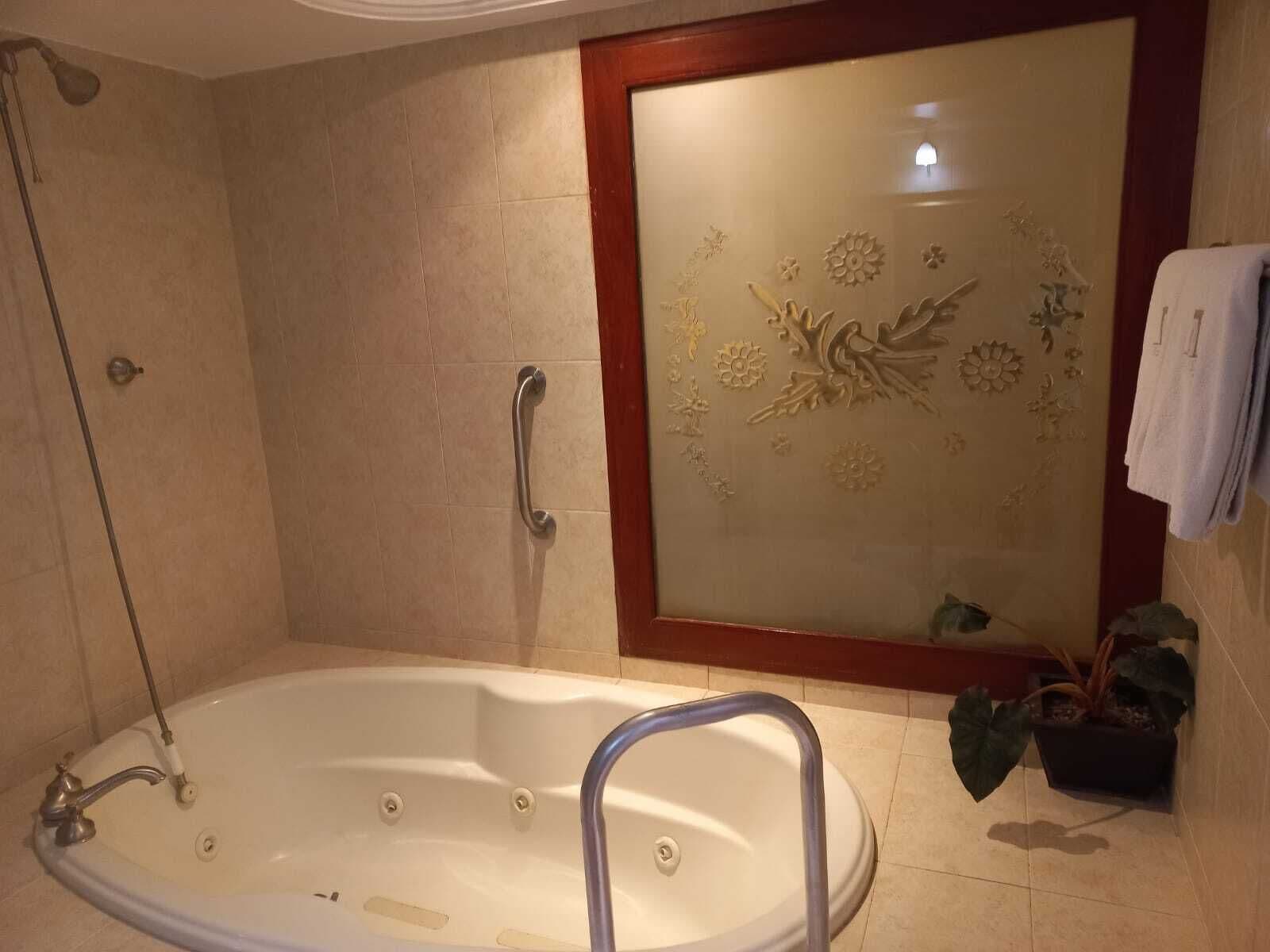 deluxe room | bathroom | jetted bath, hydromassage showerhead, designer toiletries, hair dryer