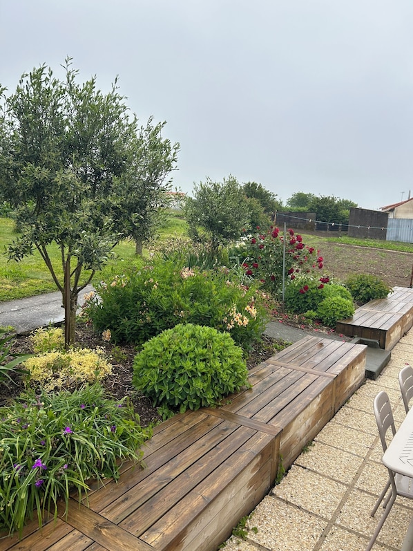 A garden with wooden planters, a small tree, and various plants. - Maison Près du puy du fou (Sevremont)