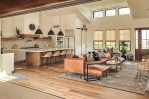 Smart TV, fireplace, books, music library