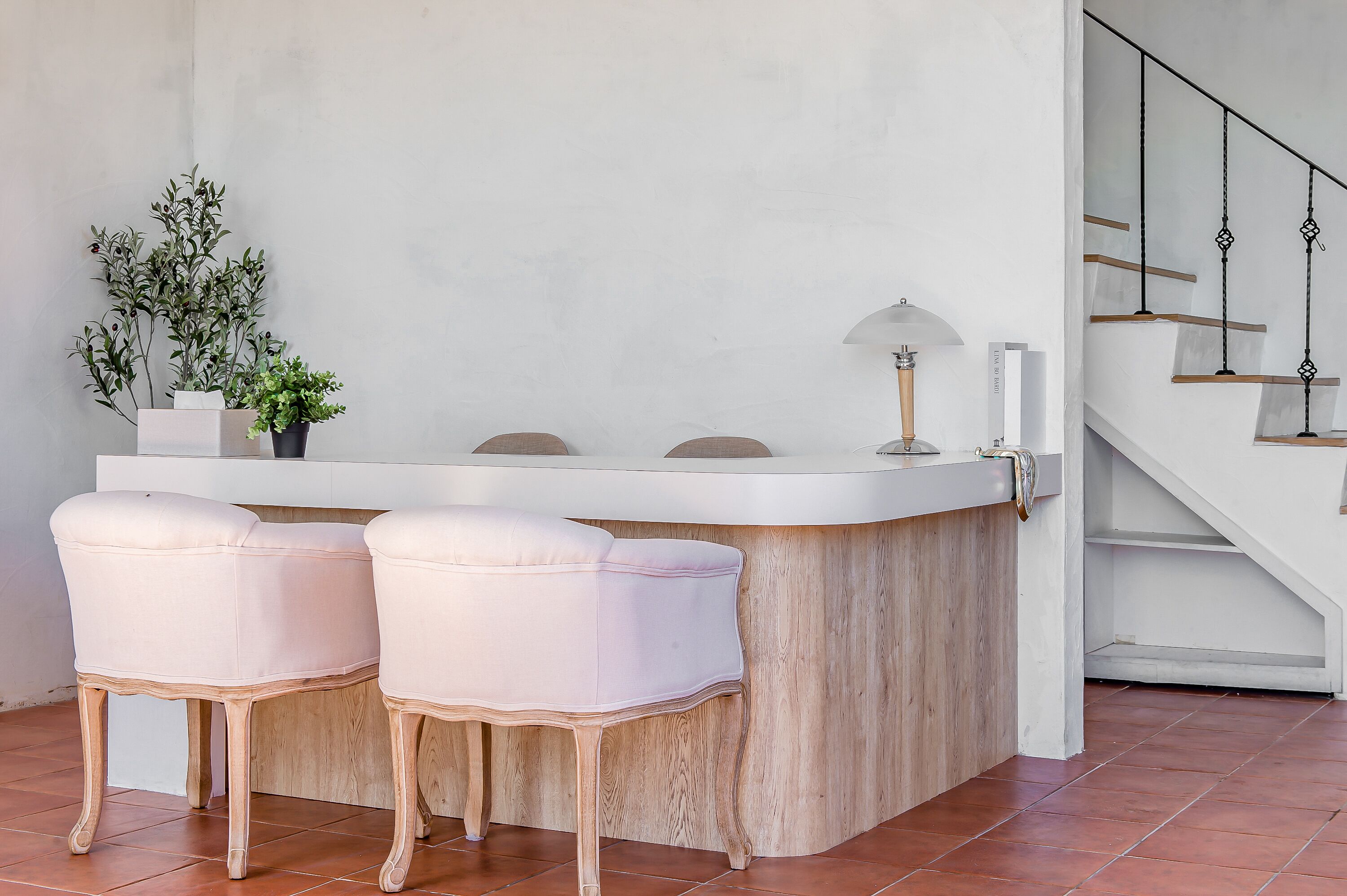 A reception area with a white counter, two cushioned chairs, a potted plant, and a lamp.