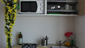Une cuisine compacte équipée d’un four à micro-ondes, d’une cuisinière, d’un évier et d’un petit réfrigérateur.