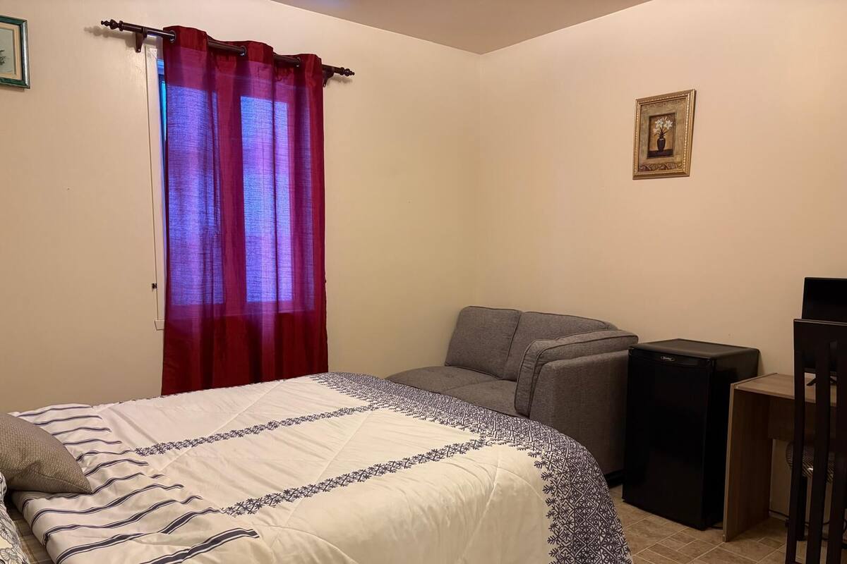 Une chambre à coucher avec un lit, un canapé gris, une petite table et un rideau rouge.