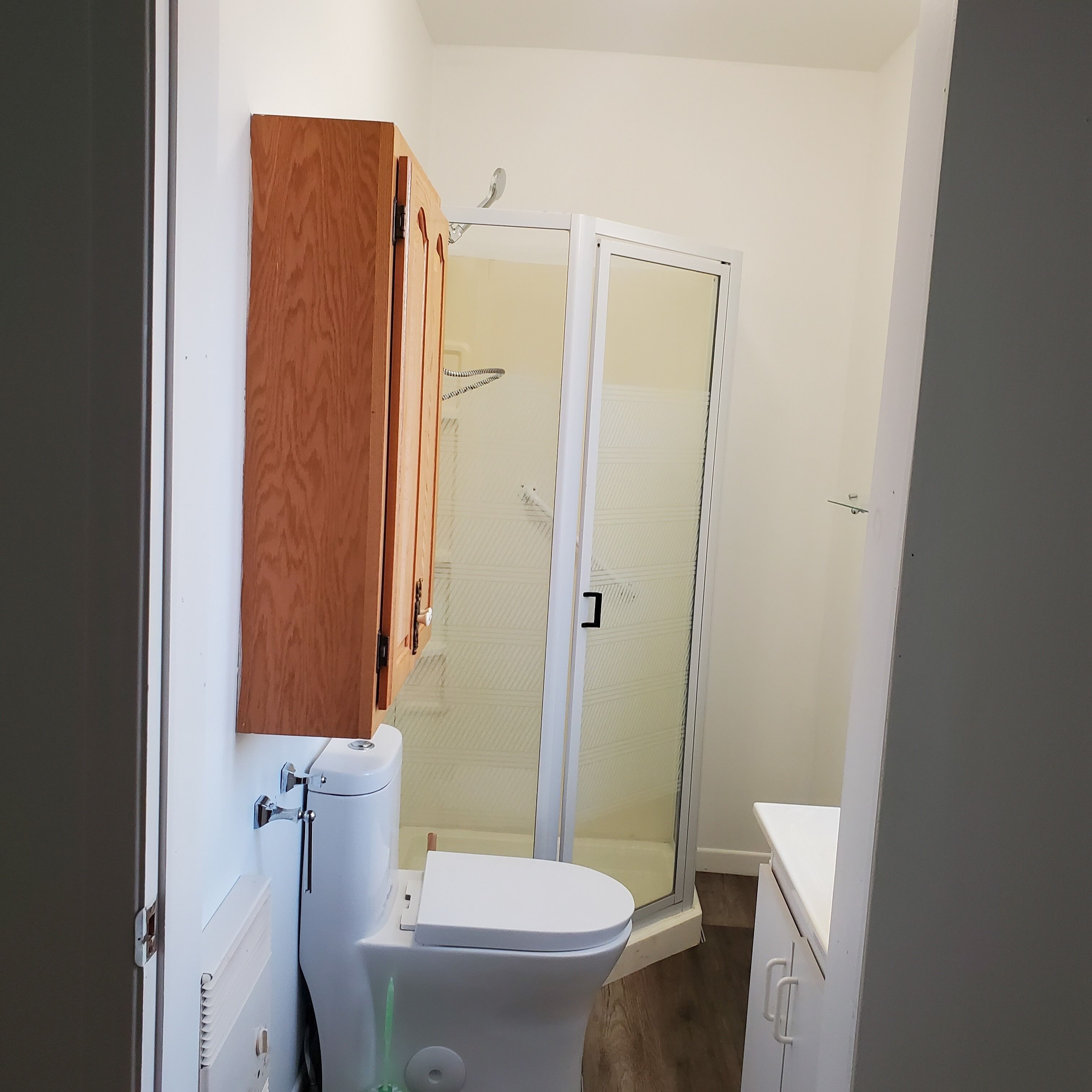 Et badeværelse med toilet, et træskab, en glas brusekabine og en hvid vask.