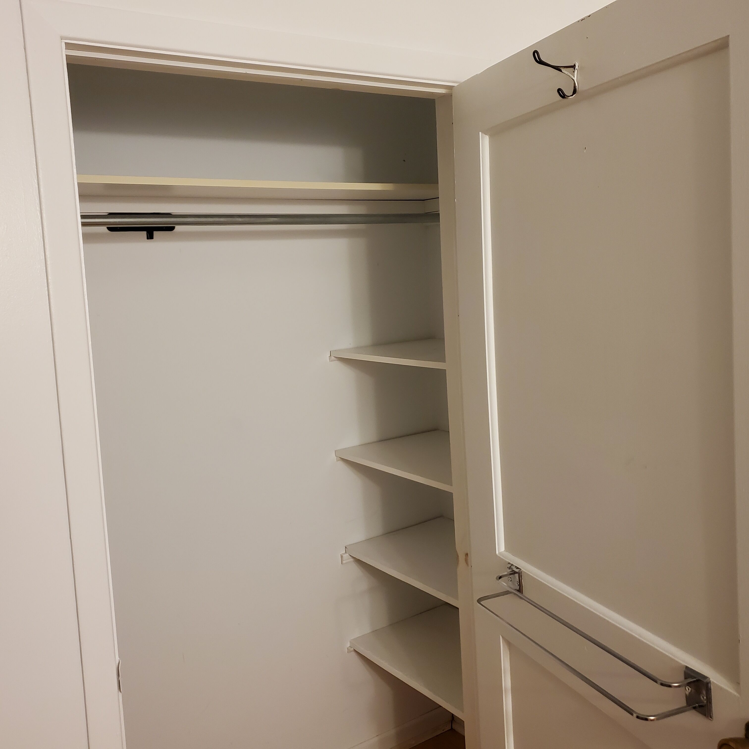 Een kast met meerdere planken en een deur.