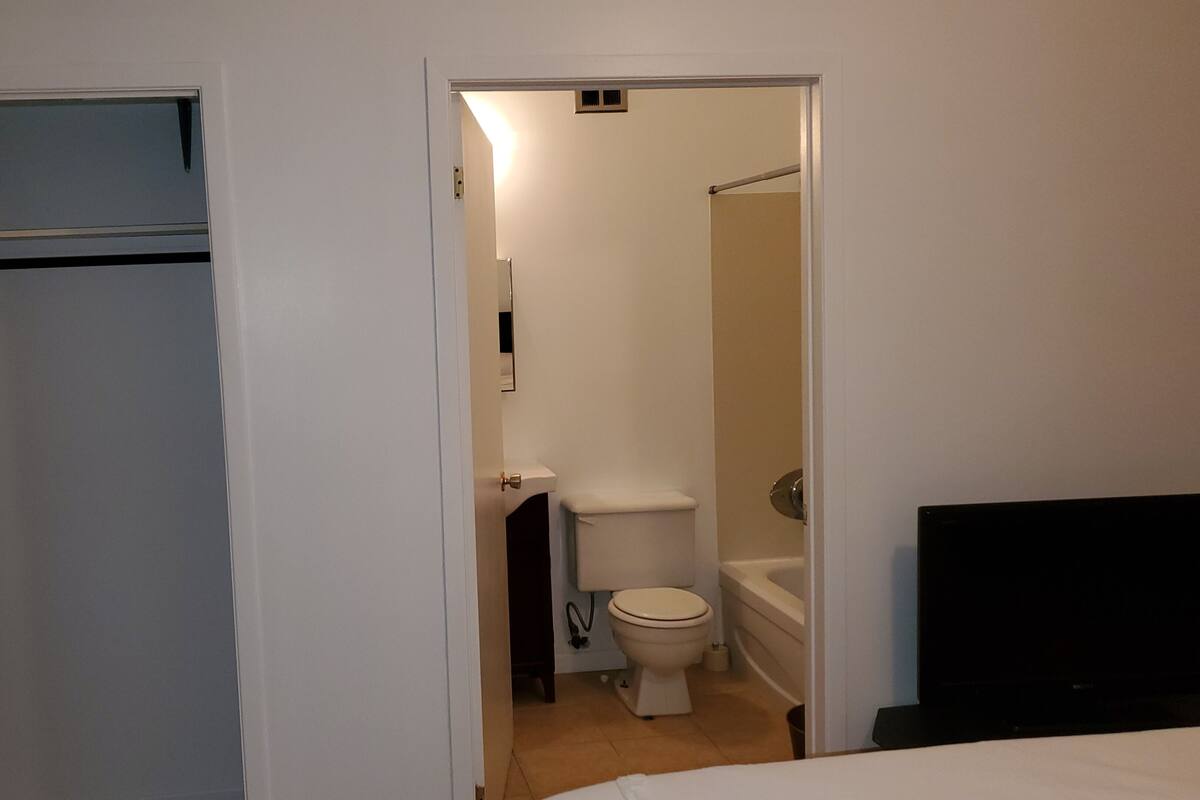Une chambre à coucher avec un lit, une salle de bain avec des toilettes et une baignoire, et un placard avec une tringle pour suspendre les vêtements.