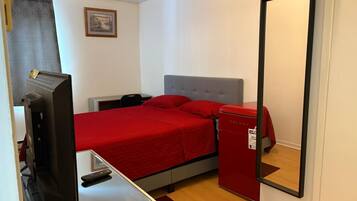 A bedroom with a bed, a television, a small refrigerator, and a mirror.