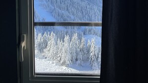Udsigt fra et vindue over et sneklædt bjerglandskab med istapper fra tagkanten.