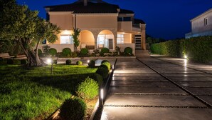 Una casa moderna con un vialetto ben illuminato e un giardino curato.