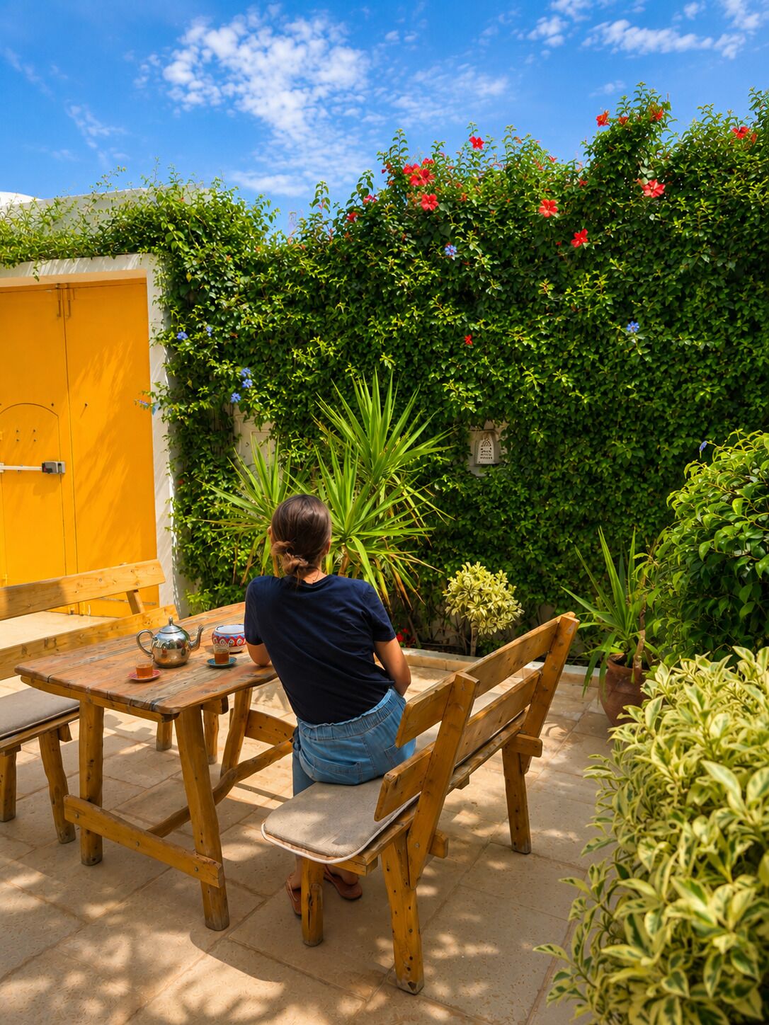 Una persona sentada a una mesa de madera con una tetera y una taza, en un jardín con una puerta amarilla y follaje verde.