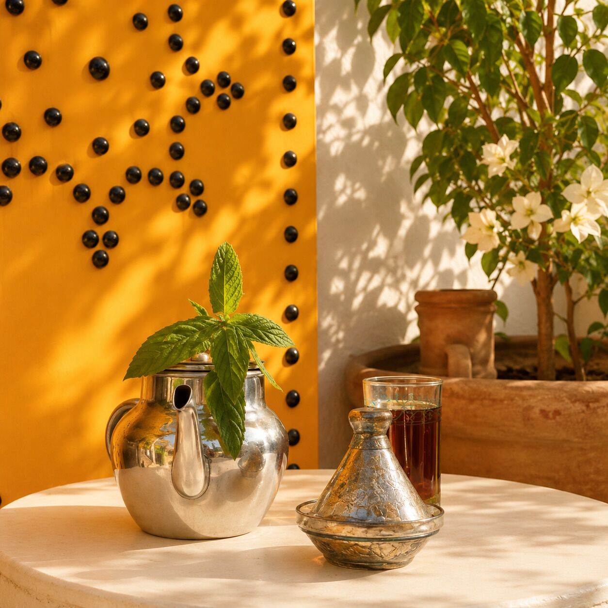 A table with a silver teapot and a glass container, a potted plant, and a wall with black spherical decorations.