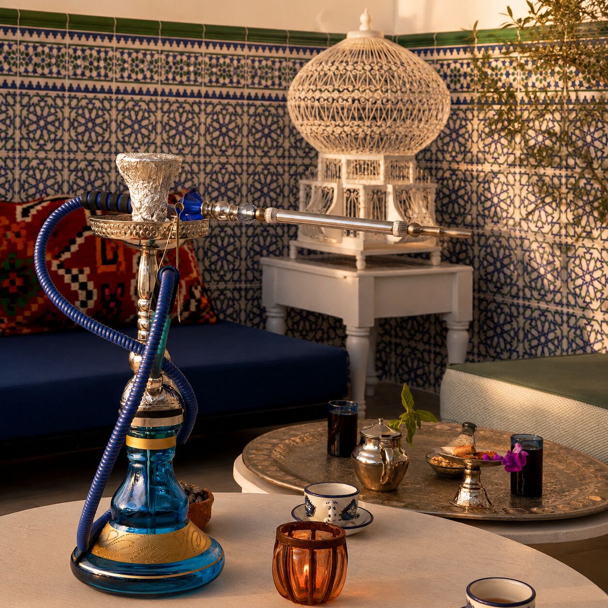 A hookah on a table with a patterned wall and a blue sofa in the background.