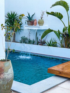 Outdoor pool, open 9:00 AM to 9:00 PM, sun loungers