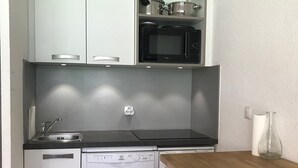 A compact kitchen with a dishwasher, a microwave, and a sink.