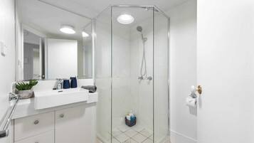 Combined shower/bathtub, hair dryer, towels, soap