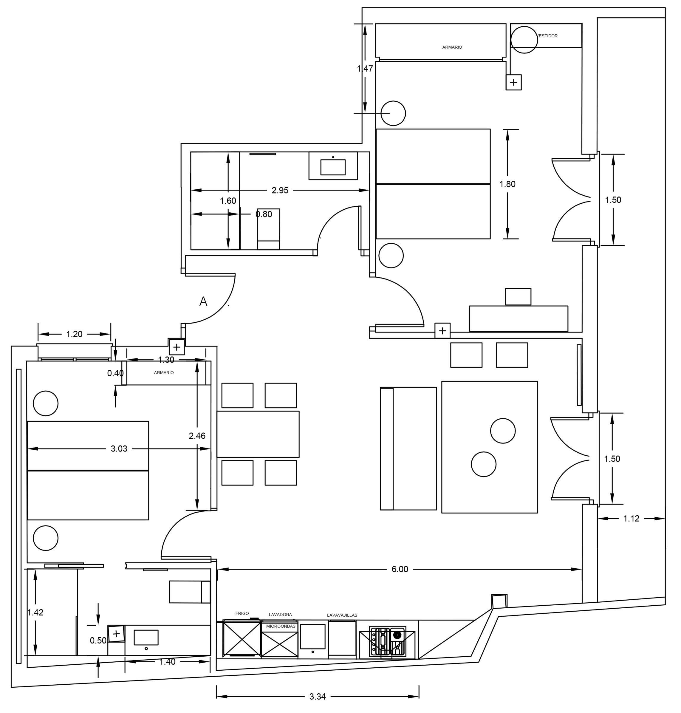 Piantina dettagliata di un hotel con diverse camere, tra cui un bagno, una cucina e un'area pranzo.