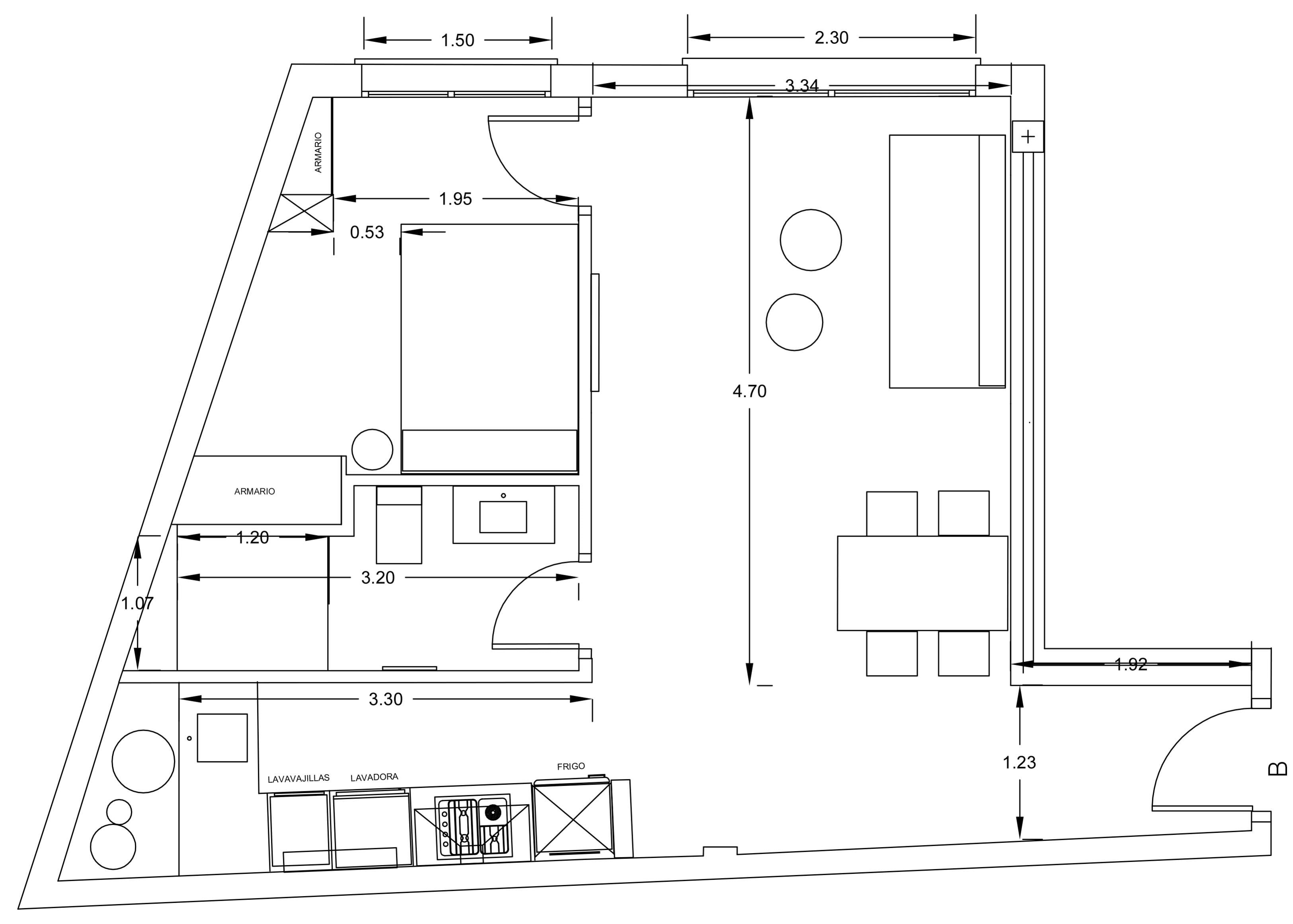Plano de planta que muestra una cocina, comedor y baño.